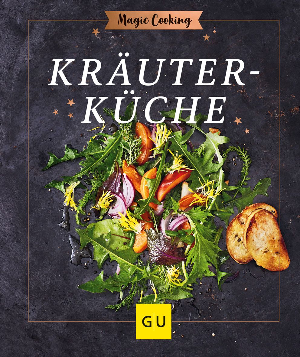 Buchcover mit Salat und Brot. Titel: Kräuter-Küche. Logo: GU. Schriftzug: Magic Cooking.