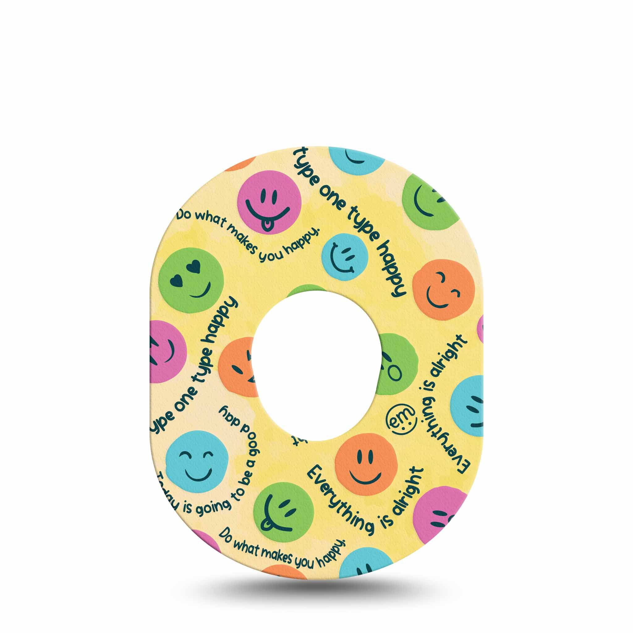 Rundes Pflaster mit Smiley-Muster und Text. Gelber Hintergrund, farbige Smileys und Schriftzug.