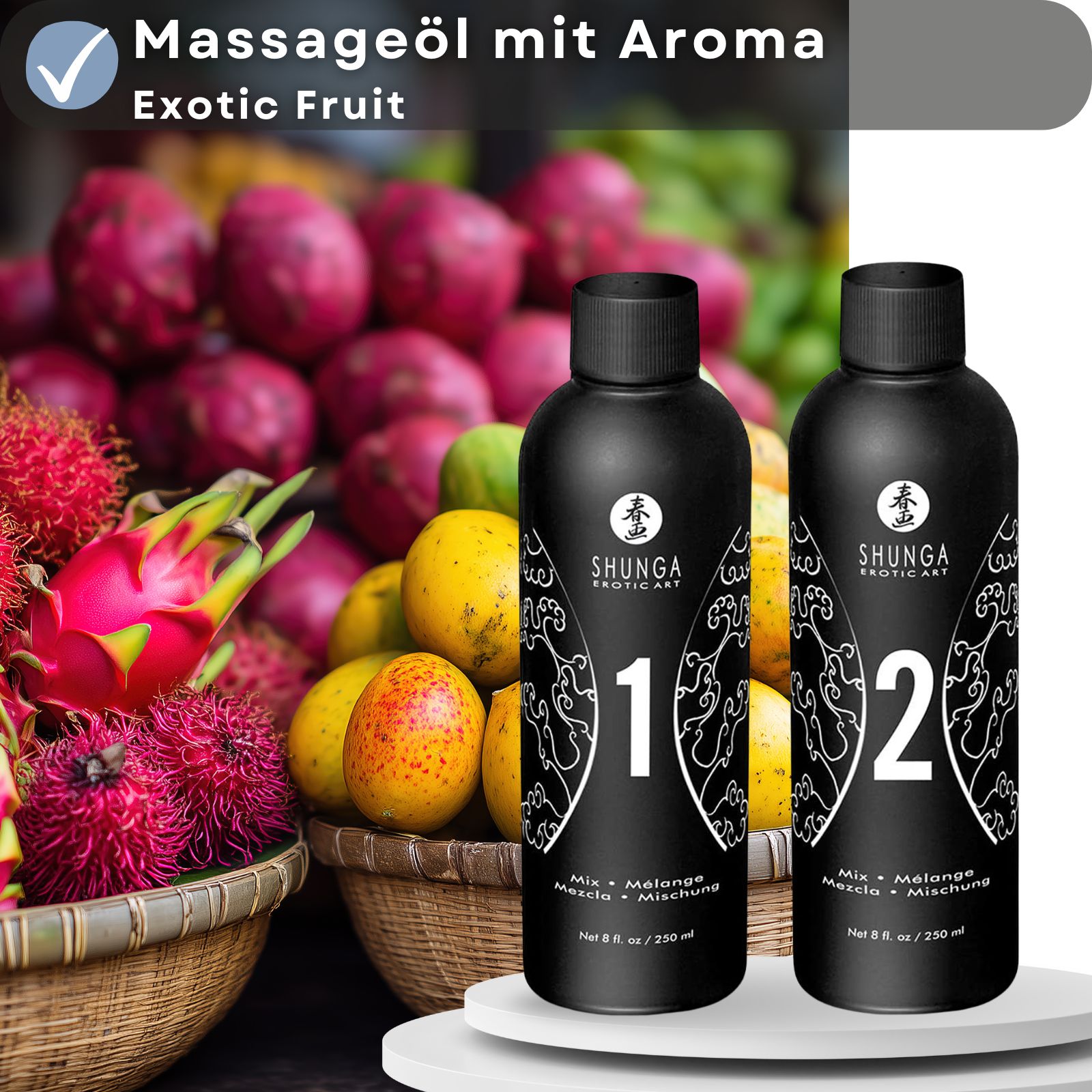 Zwei Flaschen mit weißer Schrift und Früchten im Hintergrund. Aufschrift: Shunga, 1 und 2. Text: Mix, Mélange, Mezcla, Mischung. Net 8 fl. oz. / 250 ml.