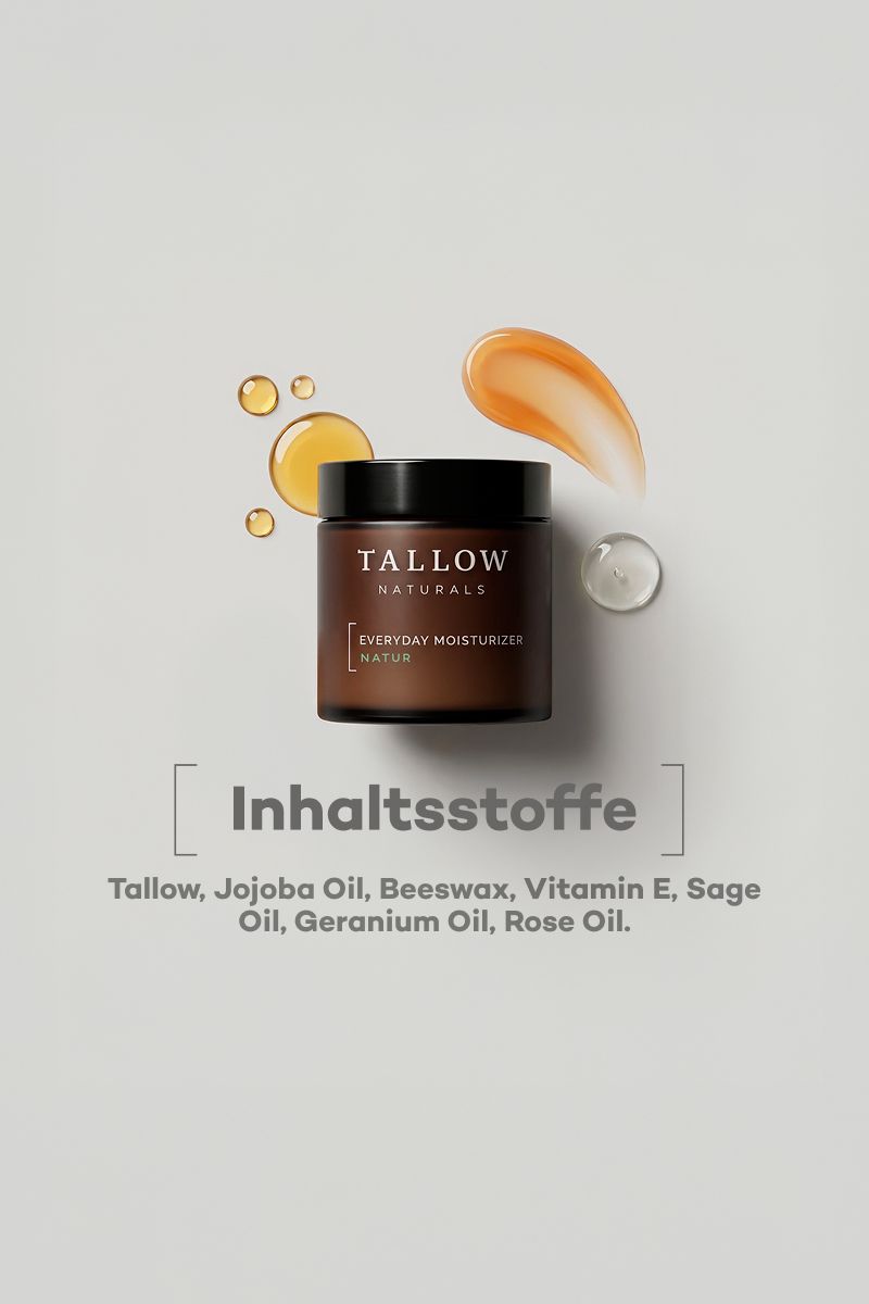 Dose mit Aufschrift: Tallow Naturals, Everyday Moisturizer Natur. Inhaltsstoffe: Tallow, Jojobaöl, Bienenwachs, Vitamin E, Salbeiöl, Geranienöl, Rosenöl.