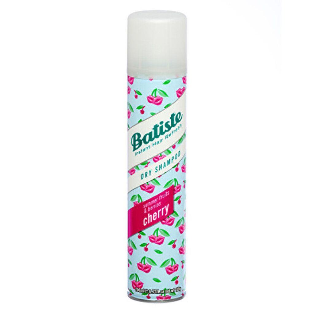 Trockenshampoo-Spraydose mit Kirschmuster. Aufschrift: Batiste, Dry Shampoo, Cherry. Oben: UK's No.1.