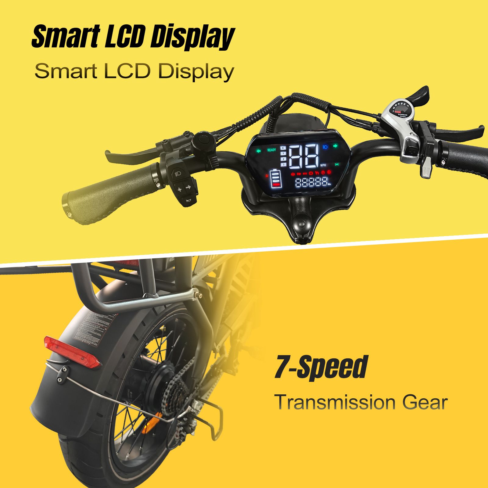 Lenkerbereich des Elektro-Lastenrads. Smart-LCD-Display, 7-Gang-Getriebe, Bedienelemente.