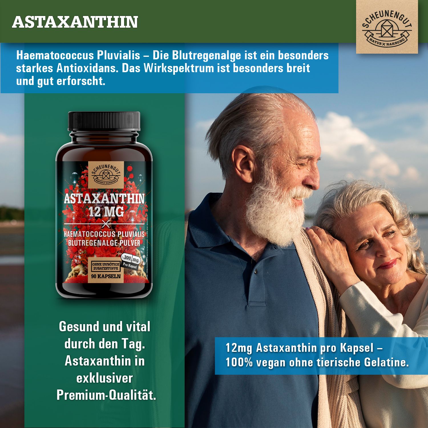 Scheunengut® Astaxanthin 12mg | 100% vegan | Antioxidans aus Blutregenalge Haematococcus Pluvialis