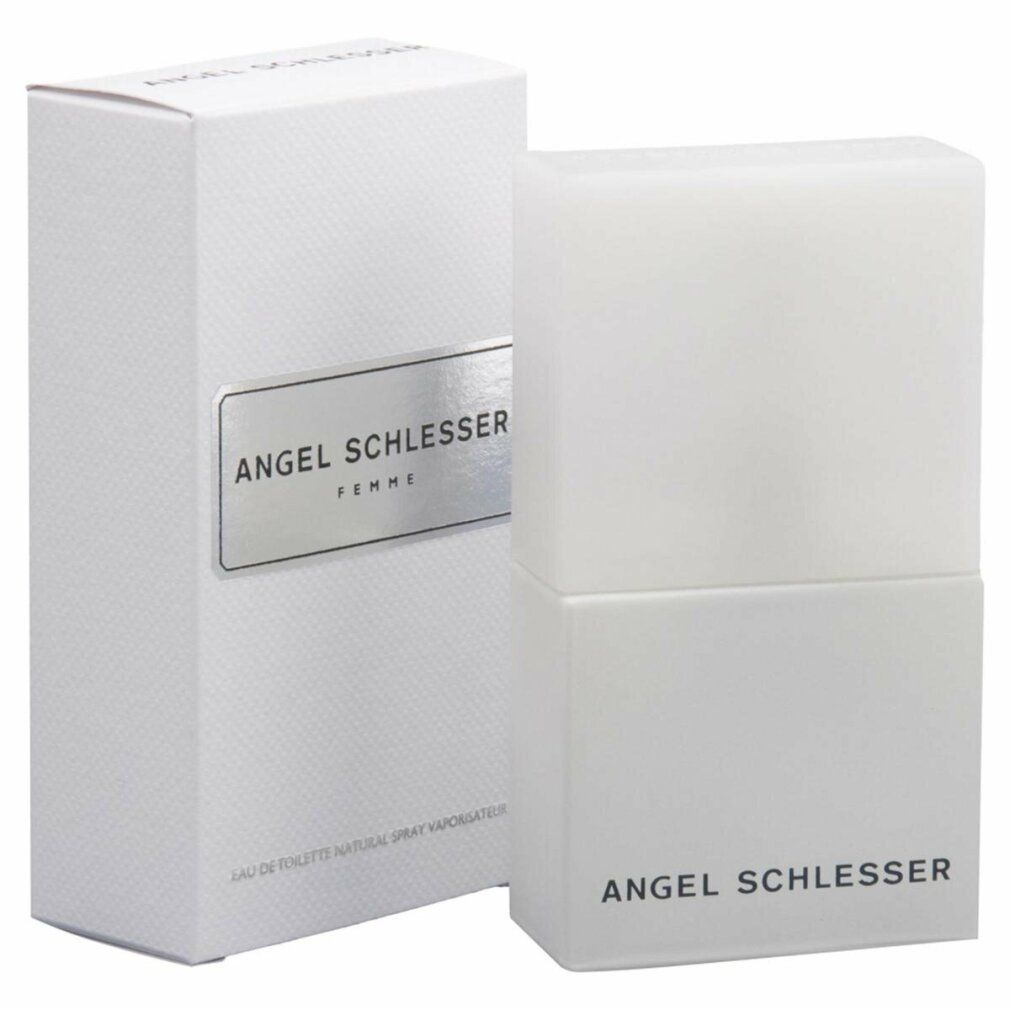 Weißes Parfum mit Verpackung. "ANGEL SCHLESSER FEMME" auf der Verpackung. Flakon und Verpackung in Weiß gehalten.