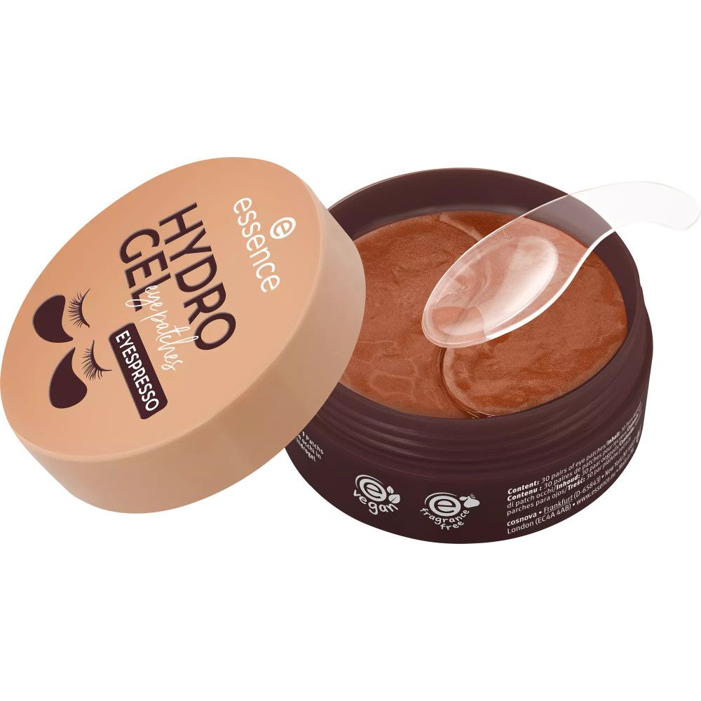 Essence Hydro Gel Eye Patches Eyespresso in brauner Dose mit Spatel.