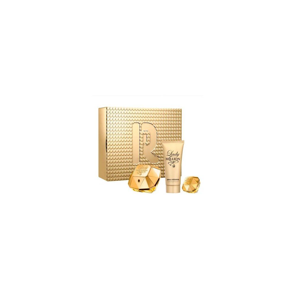 Goldfarbenes Geschenkset "Lady Million" von Paco Rabanne. Enthält Parfum, Körperlotion und Miniatur. Auf weißem Hintergrund.