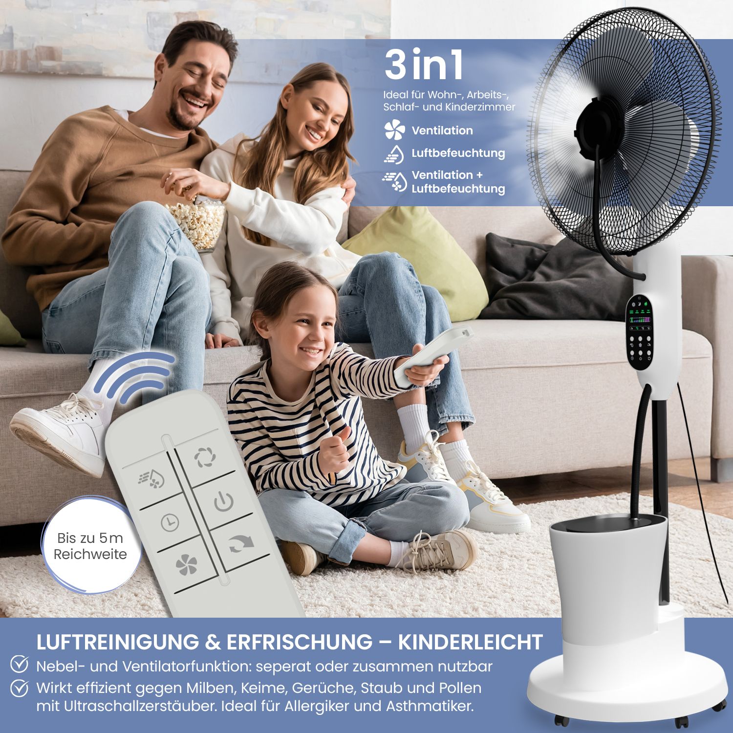 aktimeo Standventilator mit Luftbefeuchtung, Timer, Wassertank, Nebelfunktion