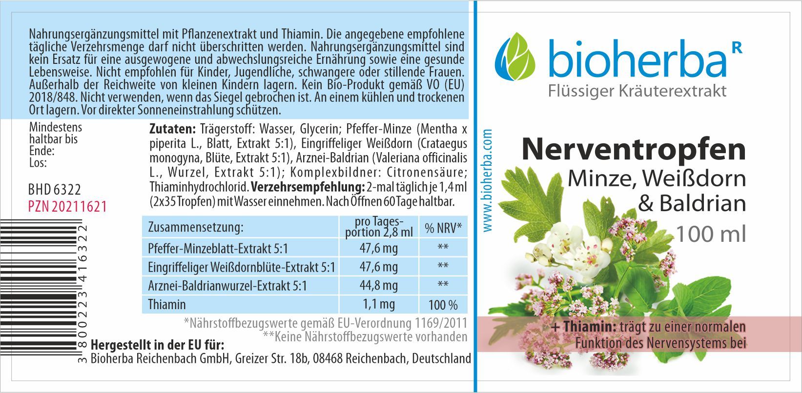 Nerventropfen Minze Weißdorn & Baldrian Tinktur 50 ml PZN 18215712