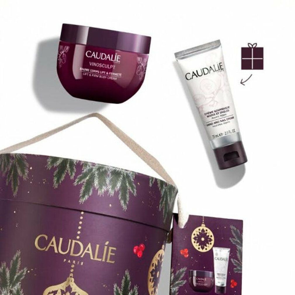 Caudalie Vinosculp Körpercreme, Handcreme und Geschenkbox. Lila Verpackung mit goldenen Details. Produkte auf weißem Hintergrund.