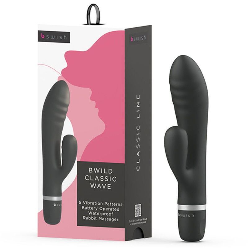 Schwarzer Vibrator neben Verpackung. Verpackung mit Produktabbildung und Text: B Wild Classic Wave.