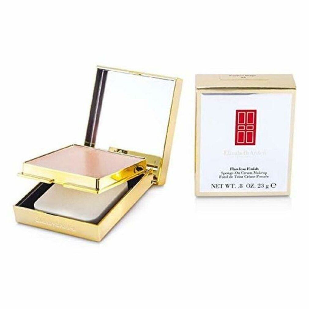 Make-up-Kompaktverpackung mit Spiegel und Schwamm, neben der Verpackung. Text: Elizabeth Arden.