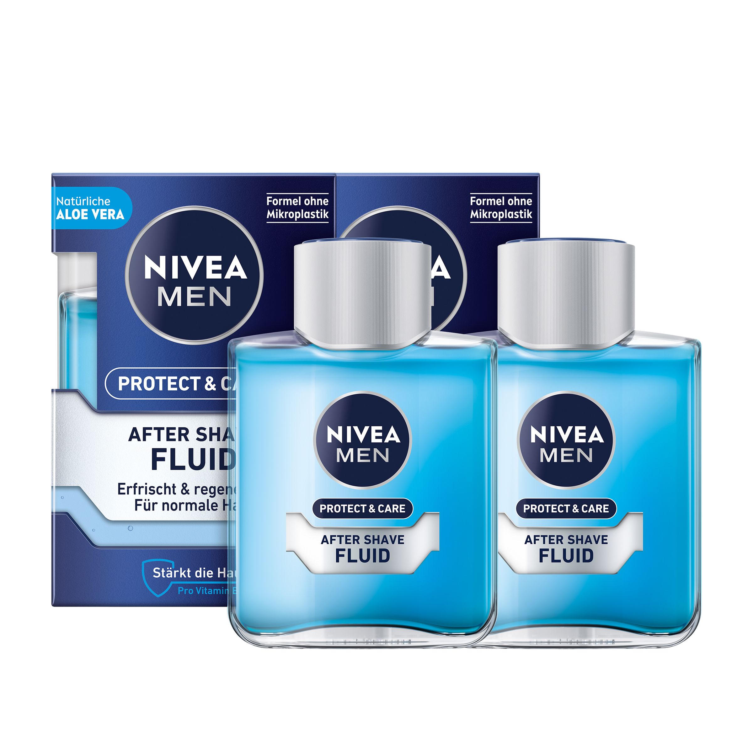 Zwei Flaschen NIVEA MEN After Shave Fluid mit Verpackung. Blaue Flüssigkeit in Glasflaschen mit silbernen Deckeln. Verpackung mit Text.