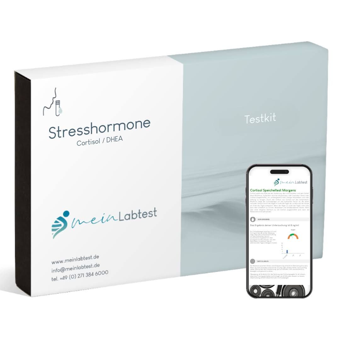 Weiß-blaue Box mit "Stresshormone Cortisol/DHEA" und "Testkit" Schriftzug. Logo von meinlabtest. Smartphone mit Testergebnis.