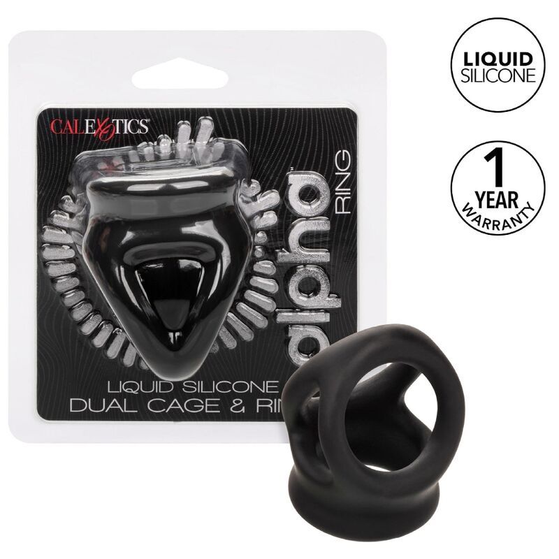 Verpackung mit schwarzem Cage-Ring. Produktname: Alpha Ring. Text: Liquid Silicone Dual Cage & Ring.