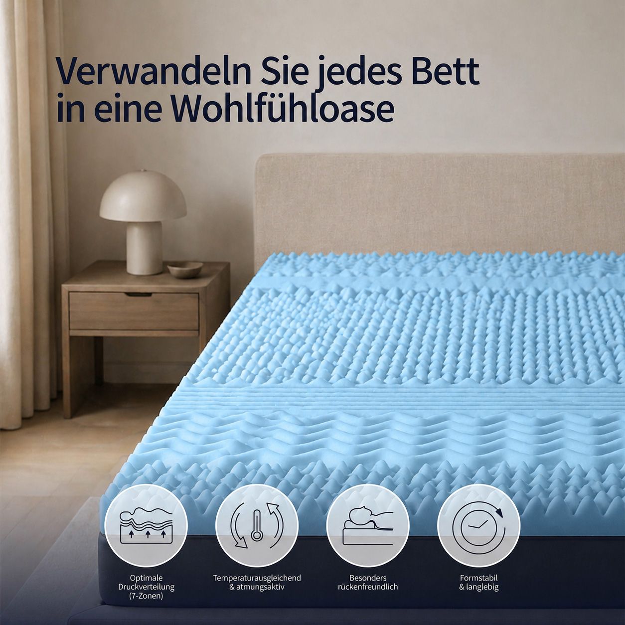 Blauer Topper mit verschiedenen Zonen zur Druckentlastung und Belüftung.