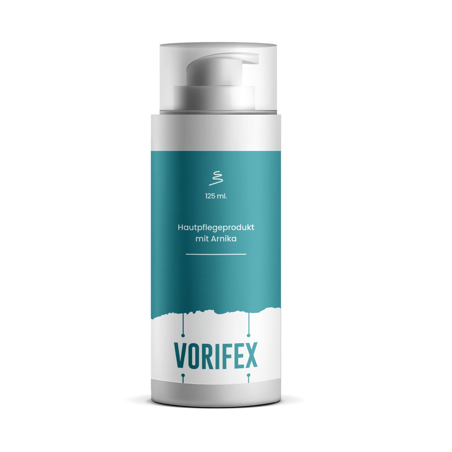 Zylinderförmige Flasche mit Pumpkopf. Türkis-weißes Etikett mit Text: Hautpflegeprodukt mit Arnika, 125 ml, Vorifex.