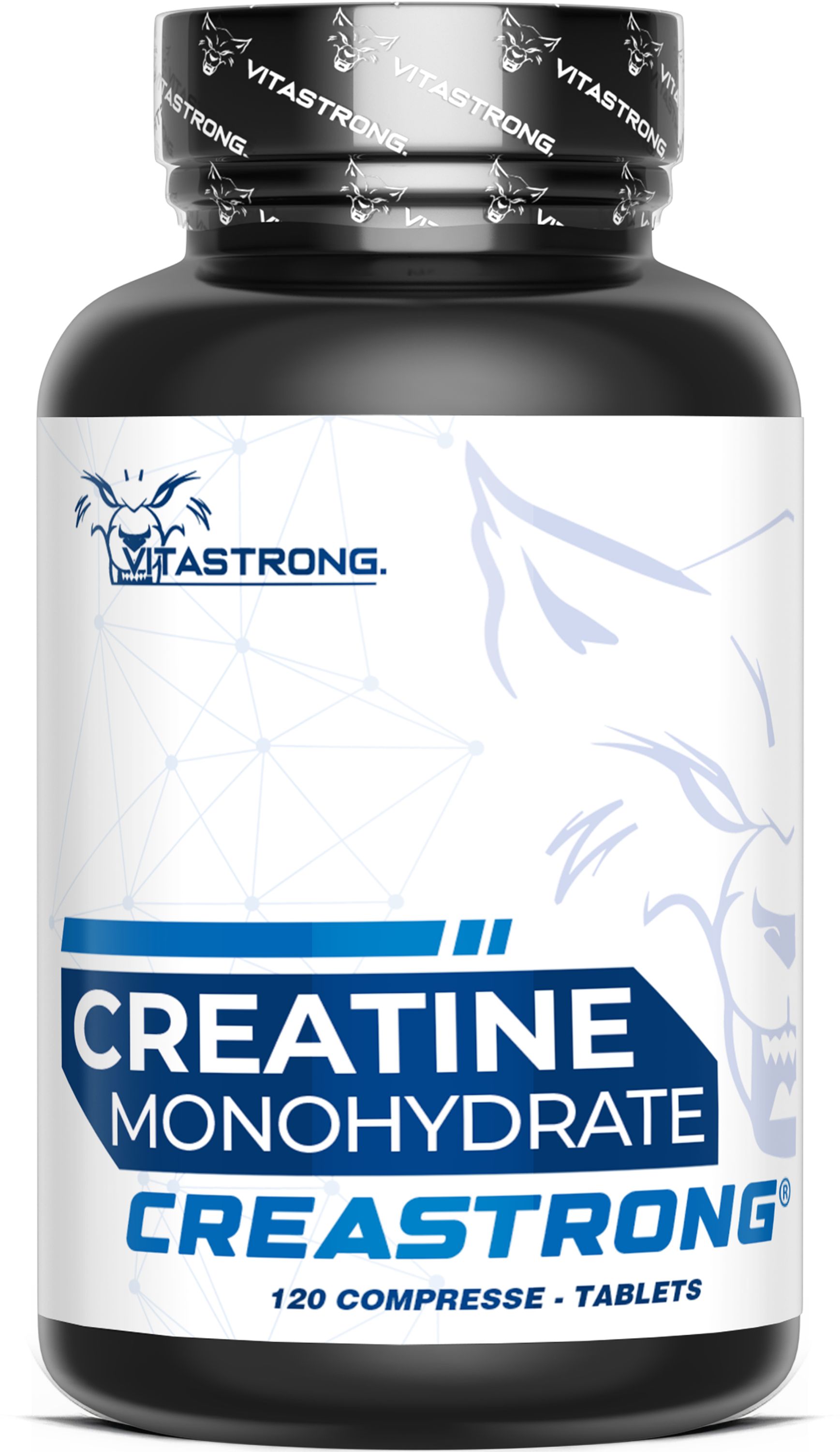 Vitastrong Creatin Creastrong® Flasche mit 120 Tabletten, blau-weißem Etikett und Wolf-Logo.