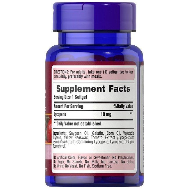 Rückseite einer Puritan's Pride Lycopin 10 mg Flasche mit Nährwertangaben und Inhaltsstoffen.