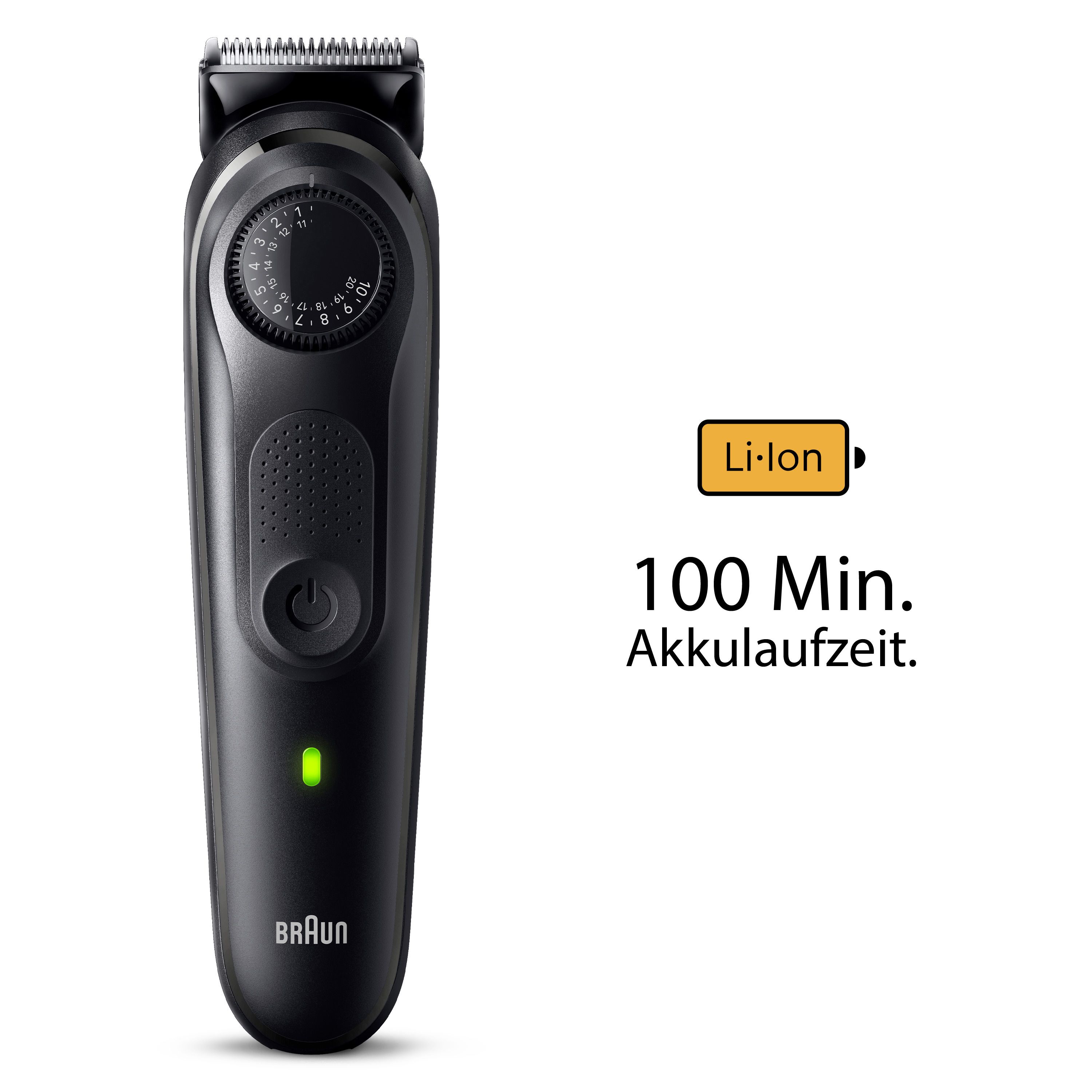 Schwarzer Bartschneider. Text: Li-Ion, 100 Min. Akkulaufzeit. Marke Braun.