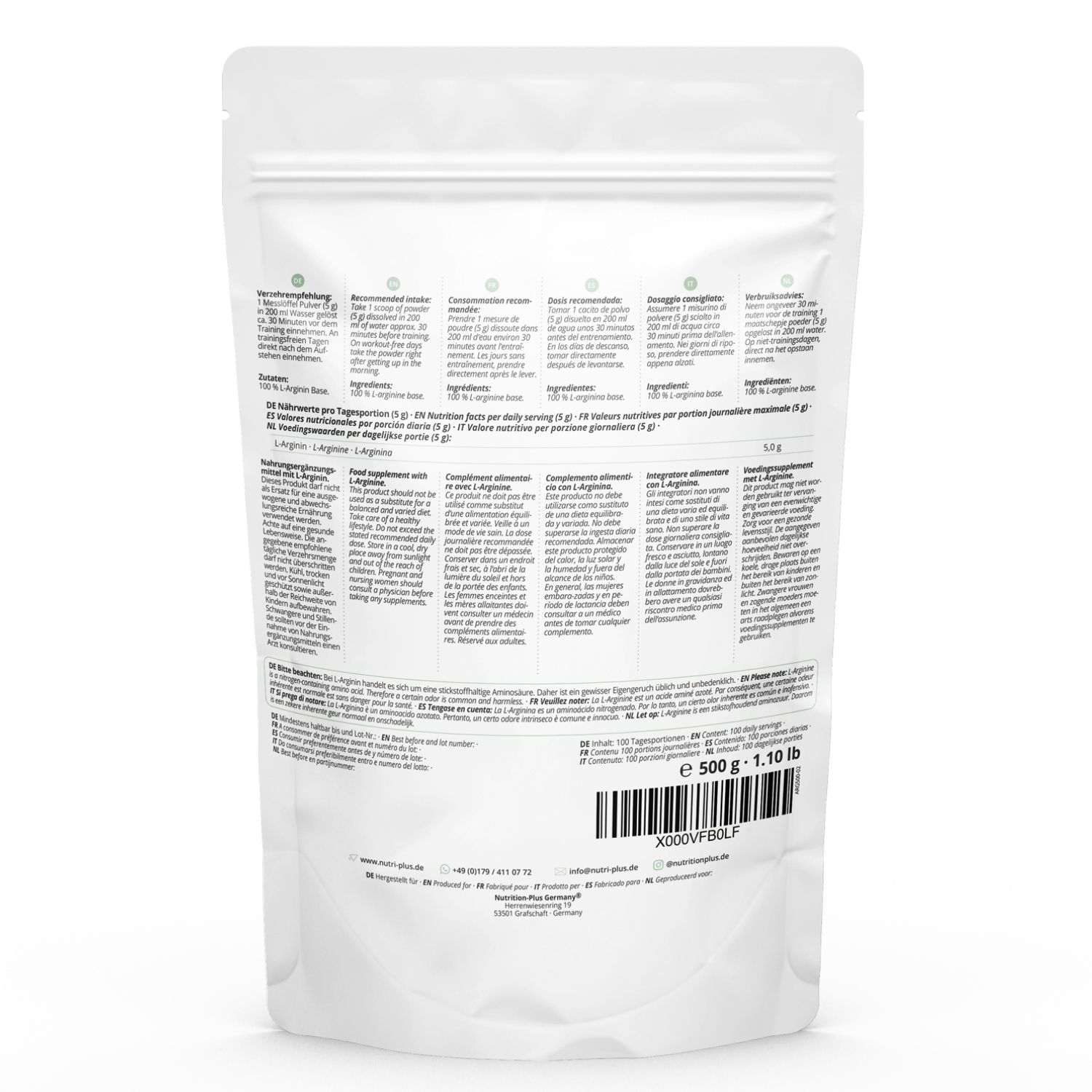 Rückseite der L-Arginin Base Pulver Verpackung. Enthält Informationen und Nährwertangaben.