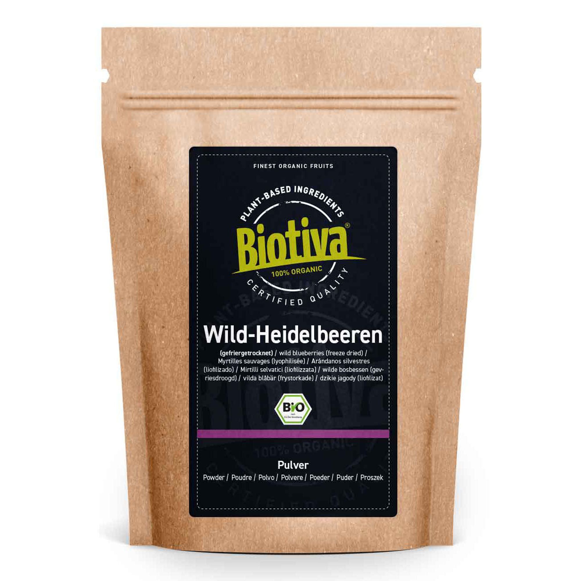Beutel mit Biotiva Wild-Heidelbeeren Pulver. Schwarzes Etikett mit Produktnamen und Bio-Siegel. Braune Papierverpackung.