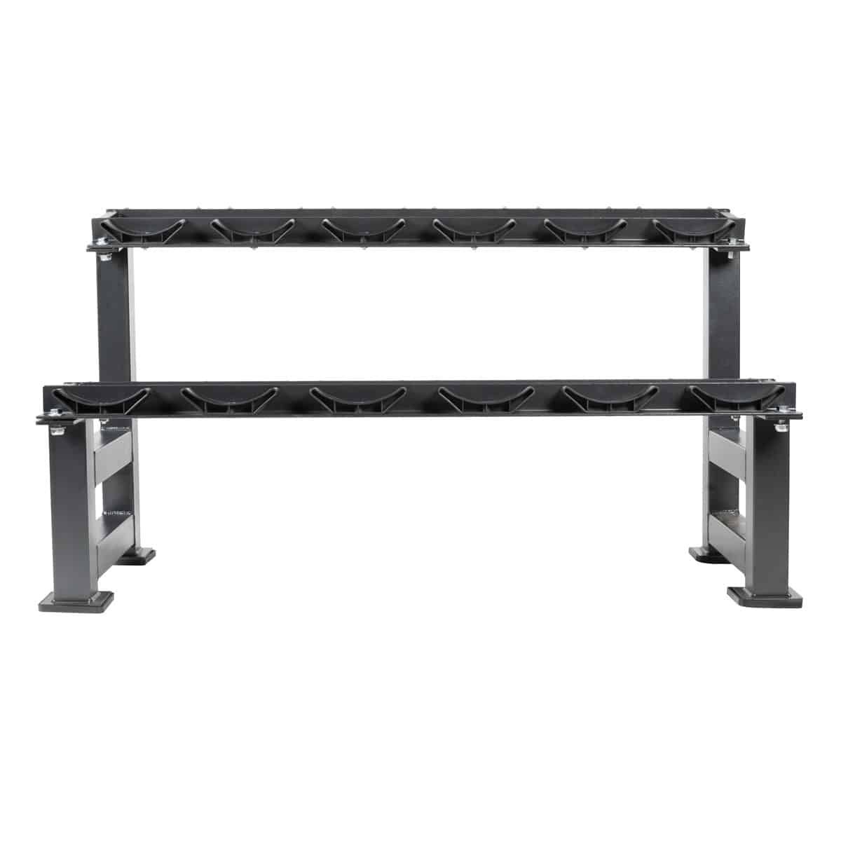 Hantelablagegestell aus Metall, schwarz. Zwei Ebenen mit Halterungen für Hanteln. Die Halterungen sind leicht gebogen.