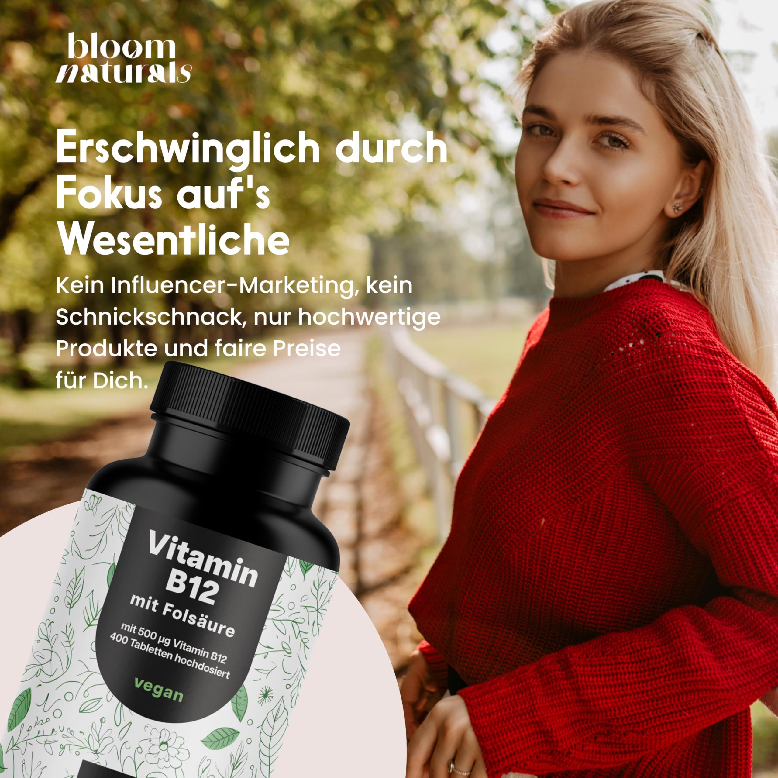 Frau mit Flasche. Text: Erschwinglich durch Fokus auf's Wesentliche. Flasche mit weißem Etikett. Marke: bloom naturals.