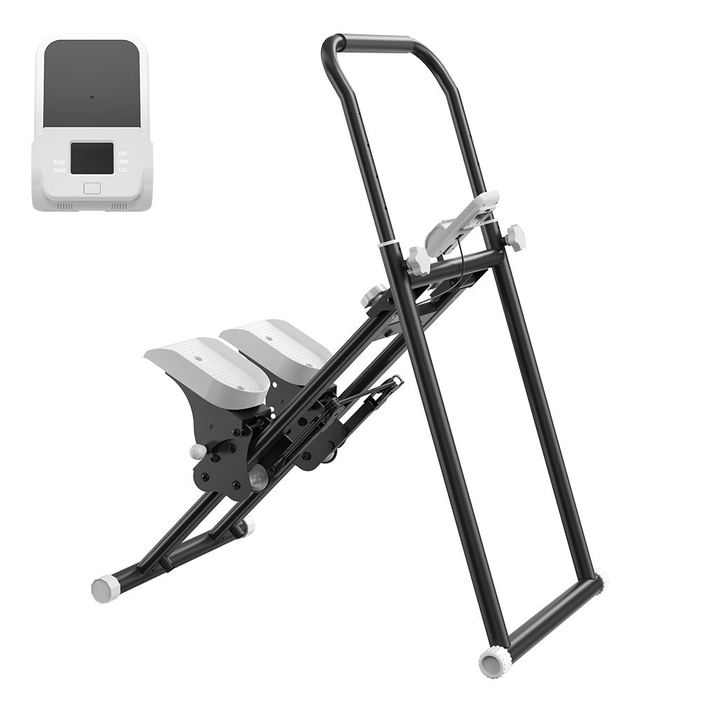 Schwarzer Stepper mit verstellbarem Lenker und Pedalen. Separates Display. Weißer Hintergrund.