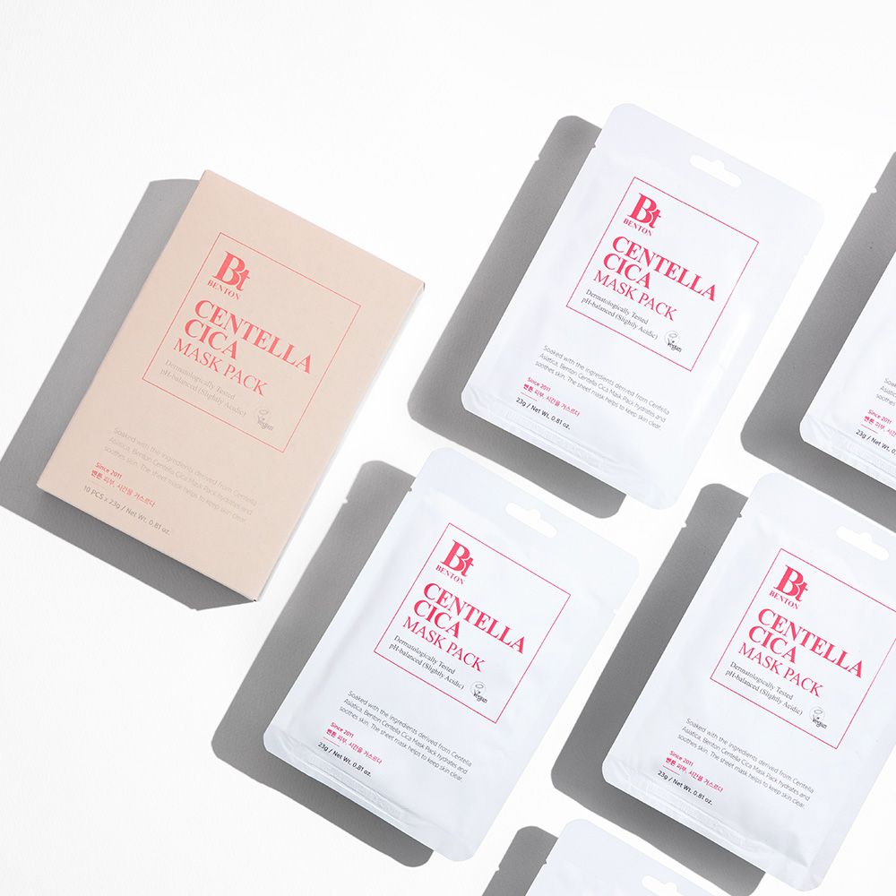 Benton Centella Cica Mask Pack: Mehrere einzelne Masken und eine Packung.