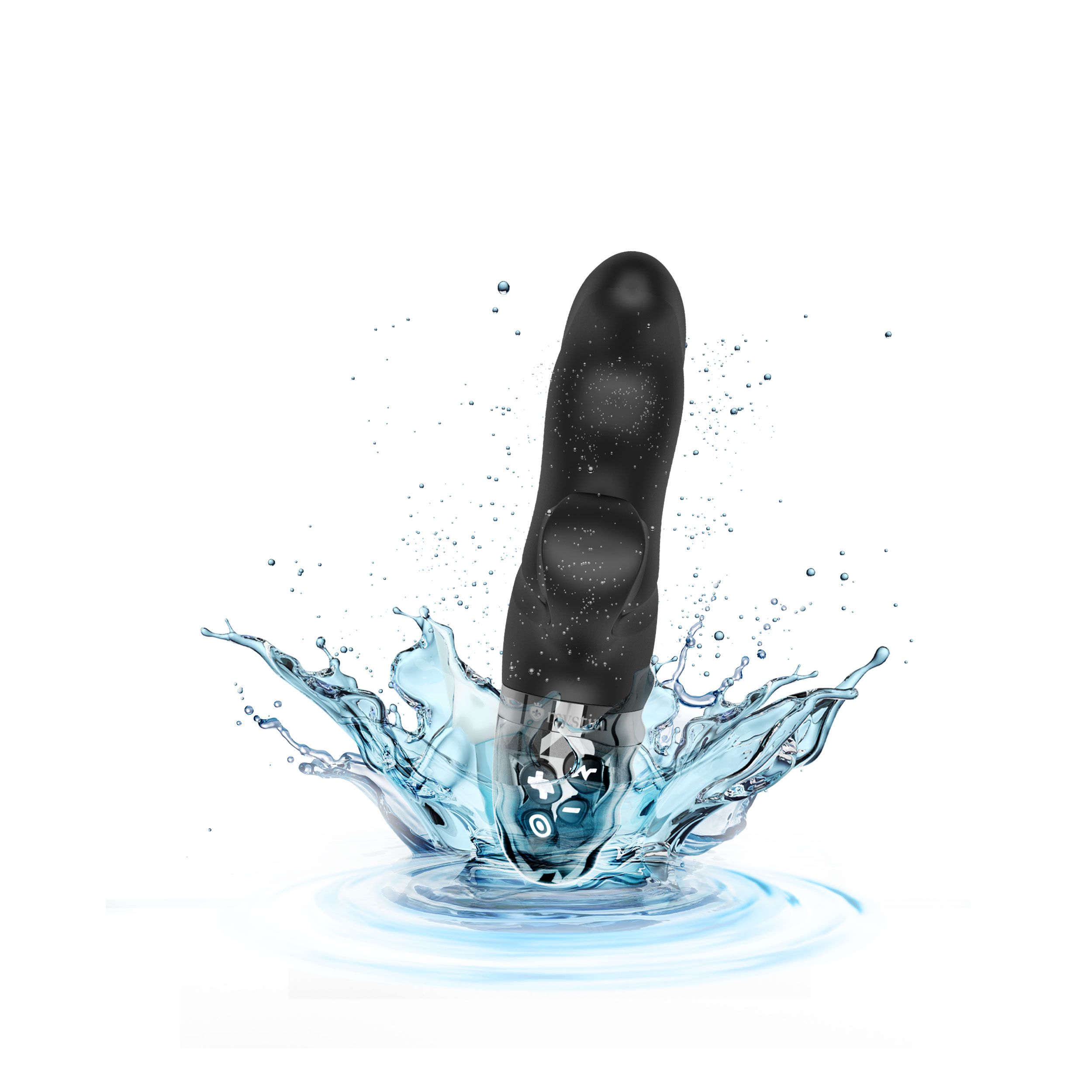 Schwarzer Vibrator im Wasser. Transparente Basis.