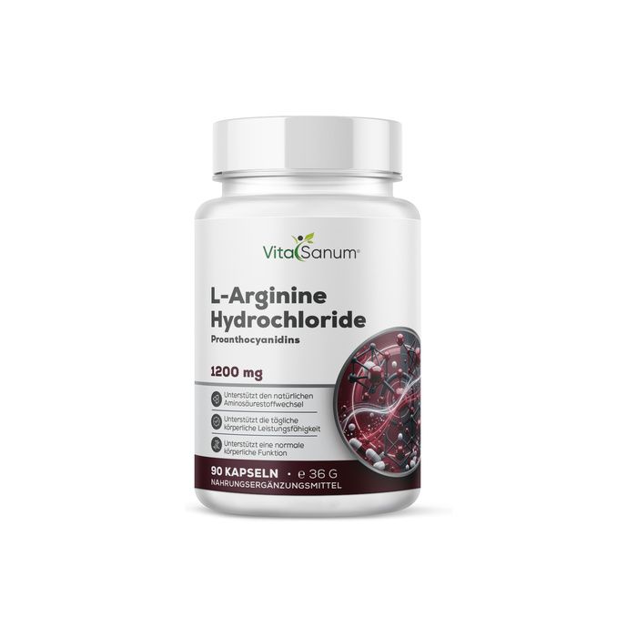 VitaSanum L-Arginin Hydrochlorid Kapseln, 1200 mg, 90 Stück. Unterstützt die körpereigene Funktion.