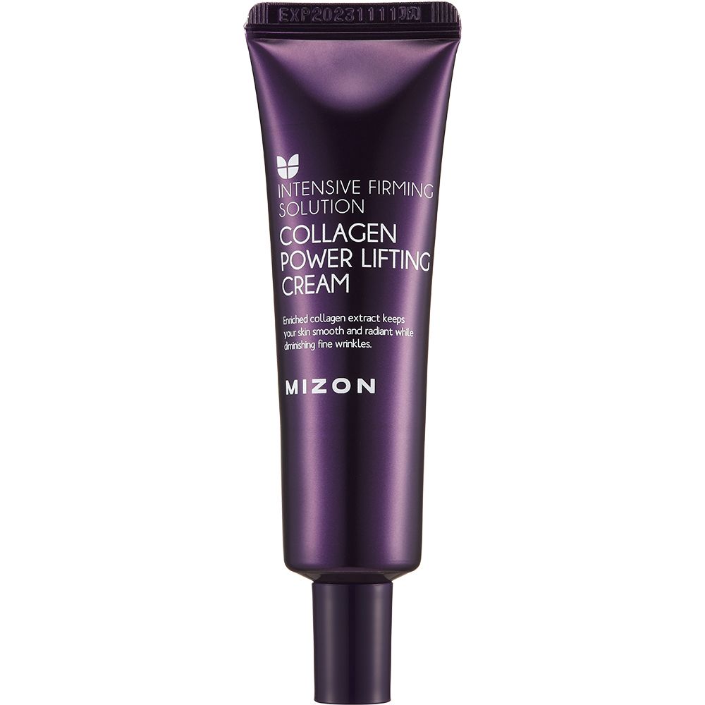Lila Tube mit weißer Schrift. Beschriftung: Collagen Power Lifting Cream von MIZON. Enthält Collagen-Extrakt.