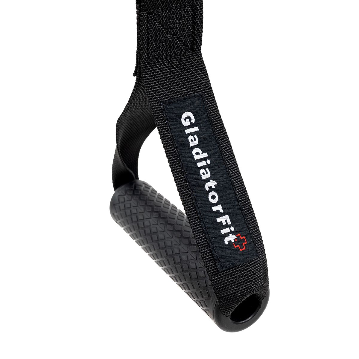 Schwarzer, gepolsterter Griff mit GladiatorFit-Logo. Gummi, geriffelte Oberfläche. Schwarzes Band. Loch am Griffende.