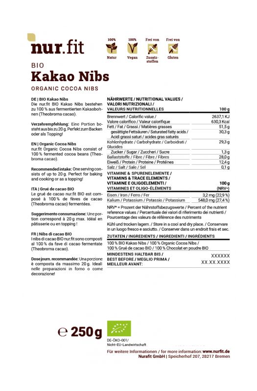 Rückseite der Verpackung mit "nur.fit BIO Kakaonibs". Text in Deutsch, Englisch, Italienisch und Französisch. Nährwertangaben, Zutaten, Bio-Siegel.