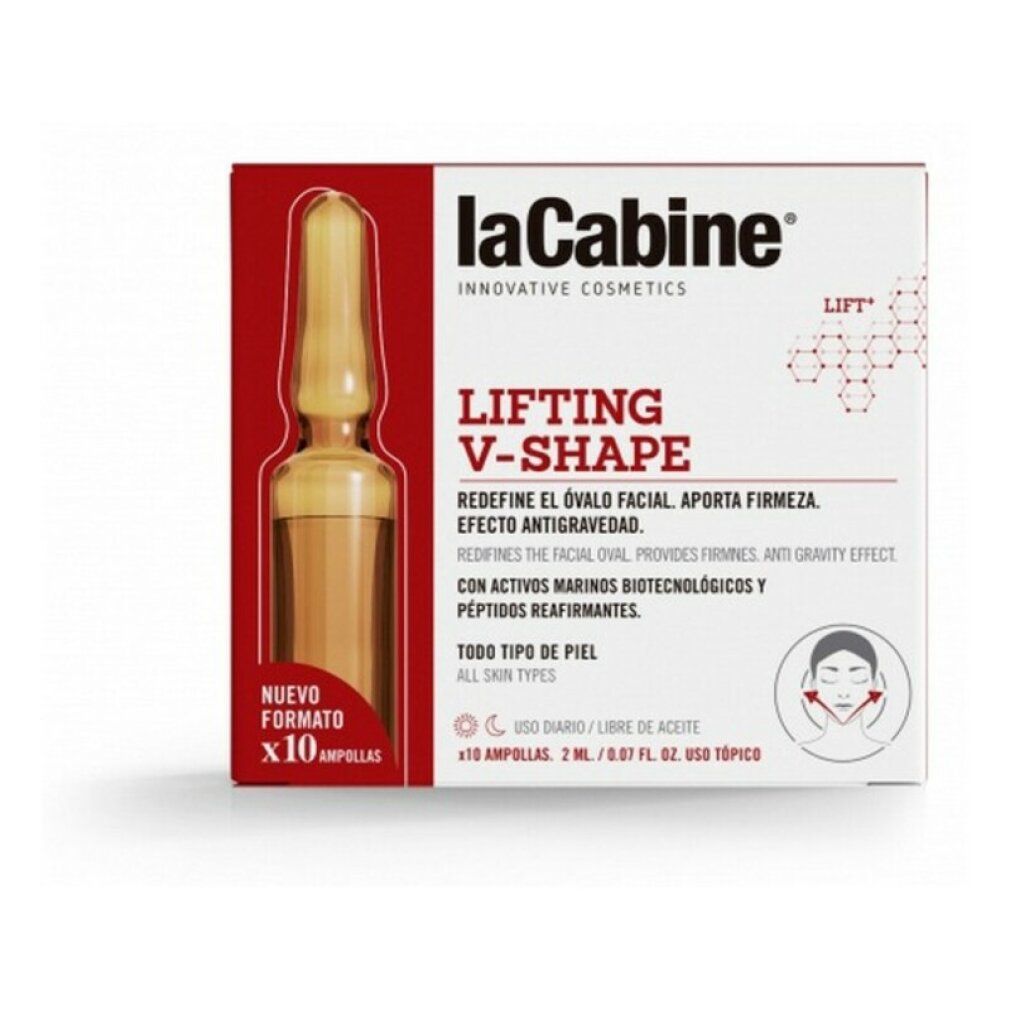 Produktverpackung mit Ampulle. Weiße Schachtel mit "la Cabine Lifting V-Shape" Aufschrift. Abbildung eines Gesichts.