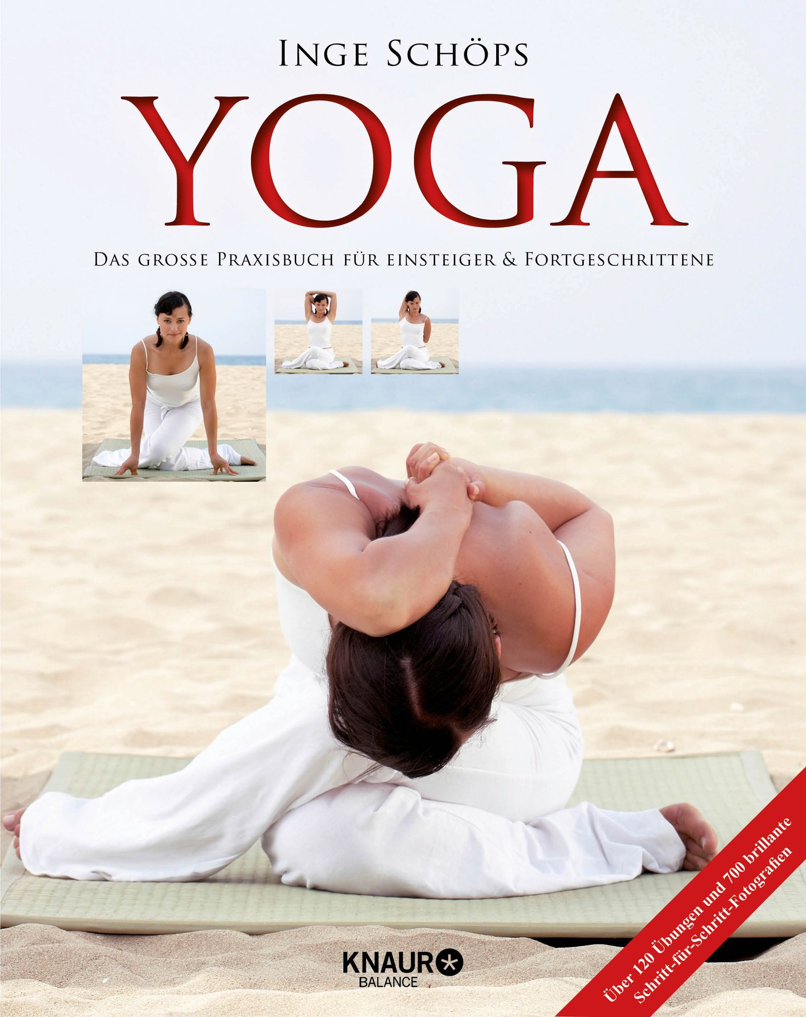 Buchcover: Yoga - Das große Praxisbuch. Frau in Yoga-Pose, Strandhintergrund. Rotes Band mit Text.
