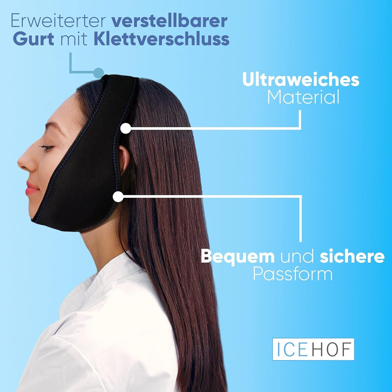 ICEHOF Kühlbandage mit Klettverschluss, ultraweiches Material, bequem und sicher.
