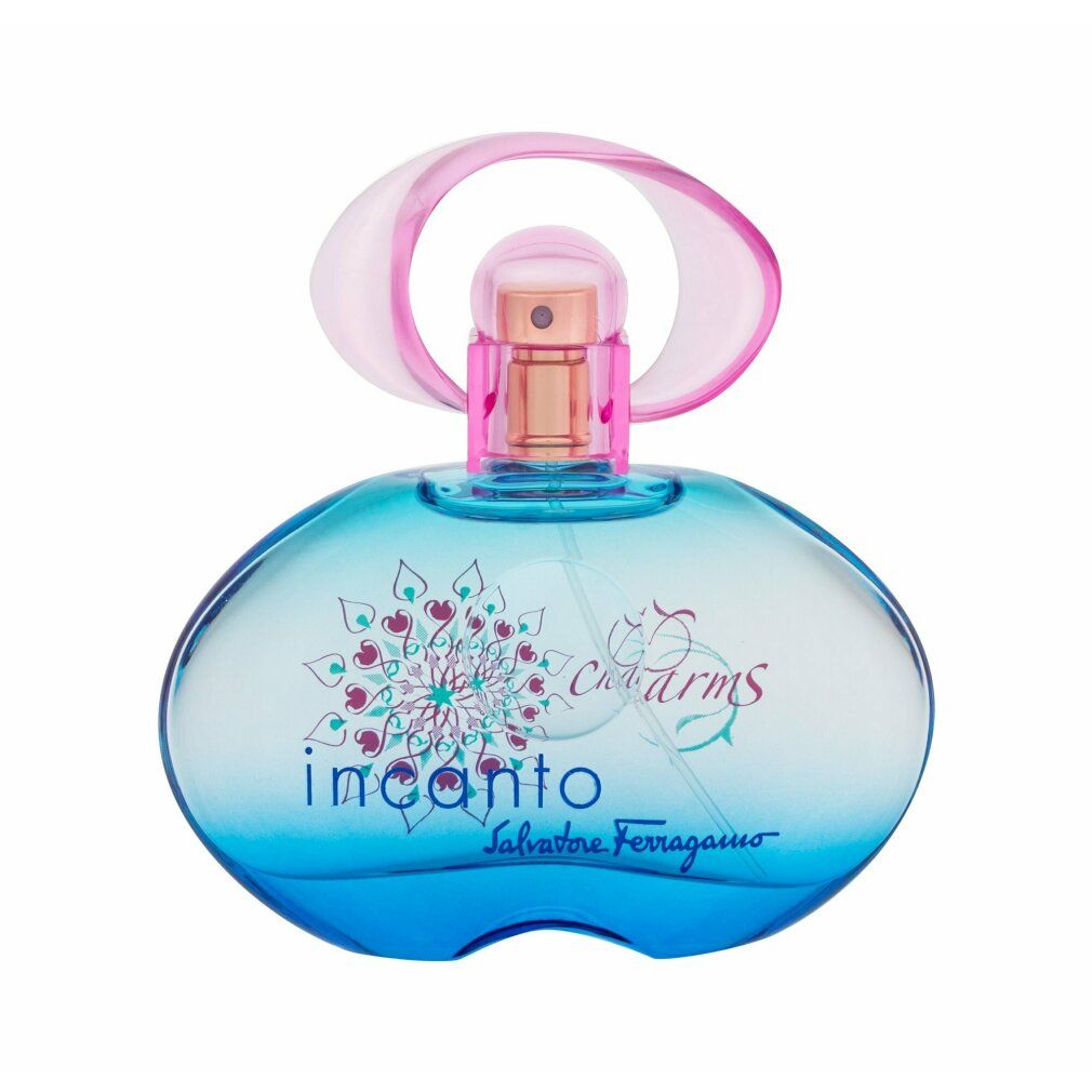 Blauer Flakon mit rosa Verschluss. Incanto Charms, Salvatore Ferragamo. Floral bedruckt. Sprühkopf.