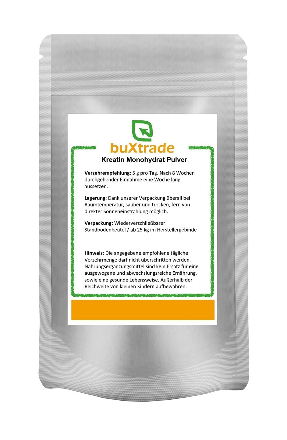 Beutel mit Produktinformationen. Aufschrift: buXtrade Kreatin Monohydrat Pulver. Wiederverschließbar. Empfohlene Tagesdosis: 5 g.