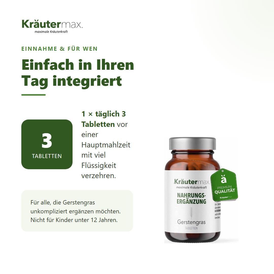 Qualitätsmerkmale der Kräutermax Produkte: Nach Rezept, Gelatinefrei, Laktosefrei, Glutenfrei, Ohne Farbstoffe.