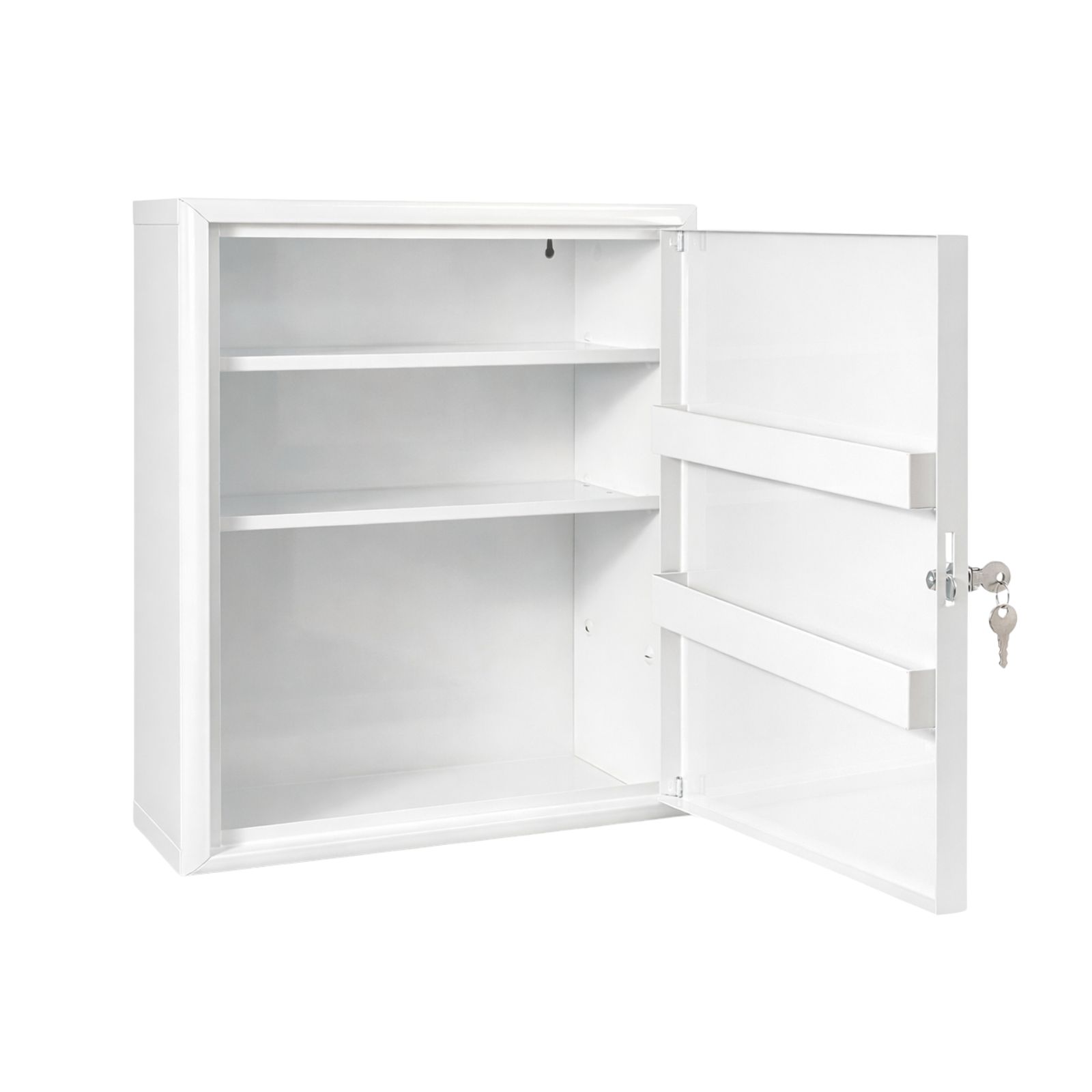 Weißer Verbandschrank, Tür geöffnet. Innenraum mit Regalen. Schlüssel sichtbar.