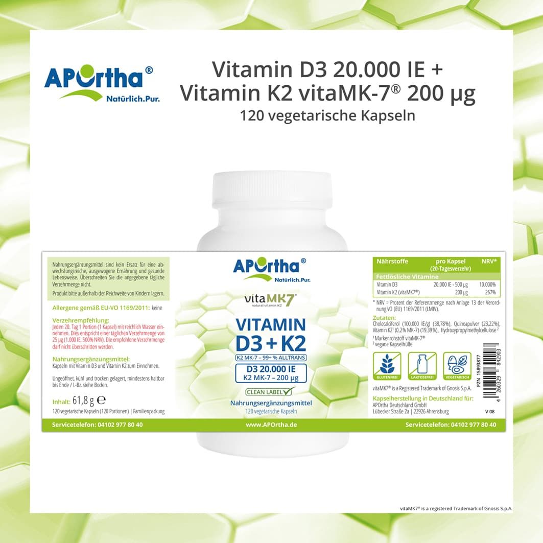 APOrtha® Vitamin D3 20.000 IE + Vitamin K2 vitaMK7® 200 µg Kapseln