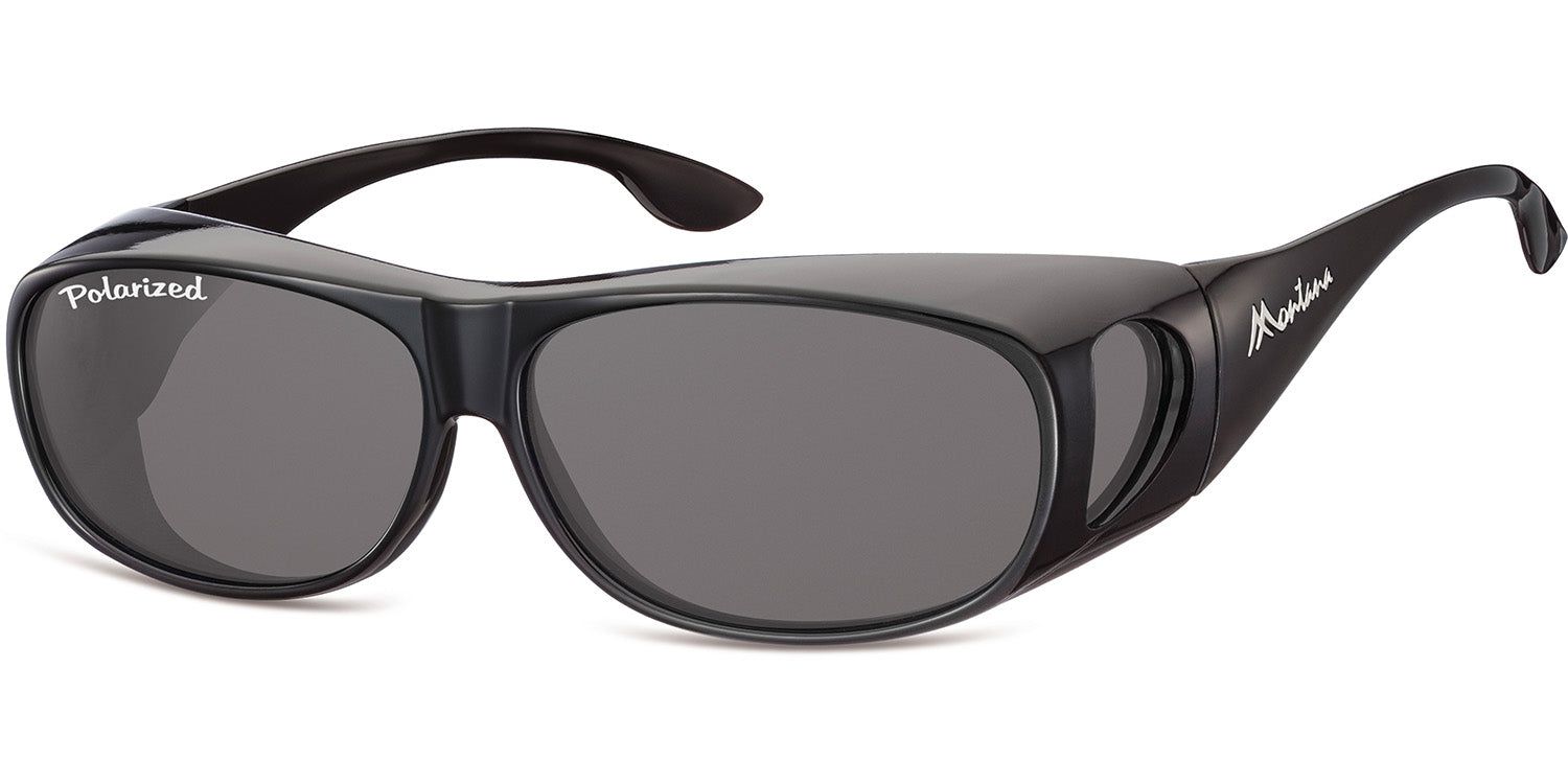 Schwarze Sonnen-Überbrille mit grauen Gläsern. Auf dem linken Glas steht "Polarized". Montana Eyewear Logo am Bügel.