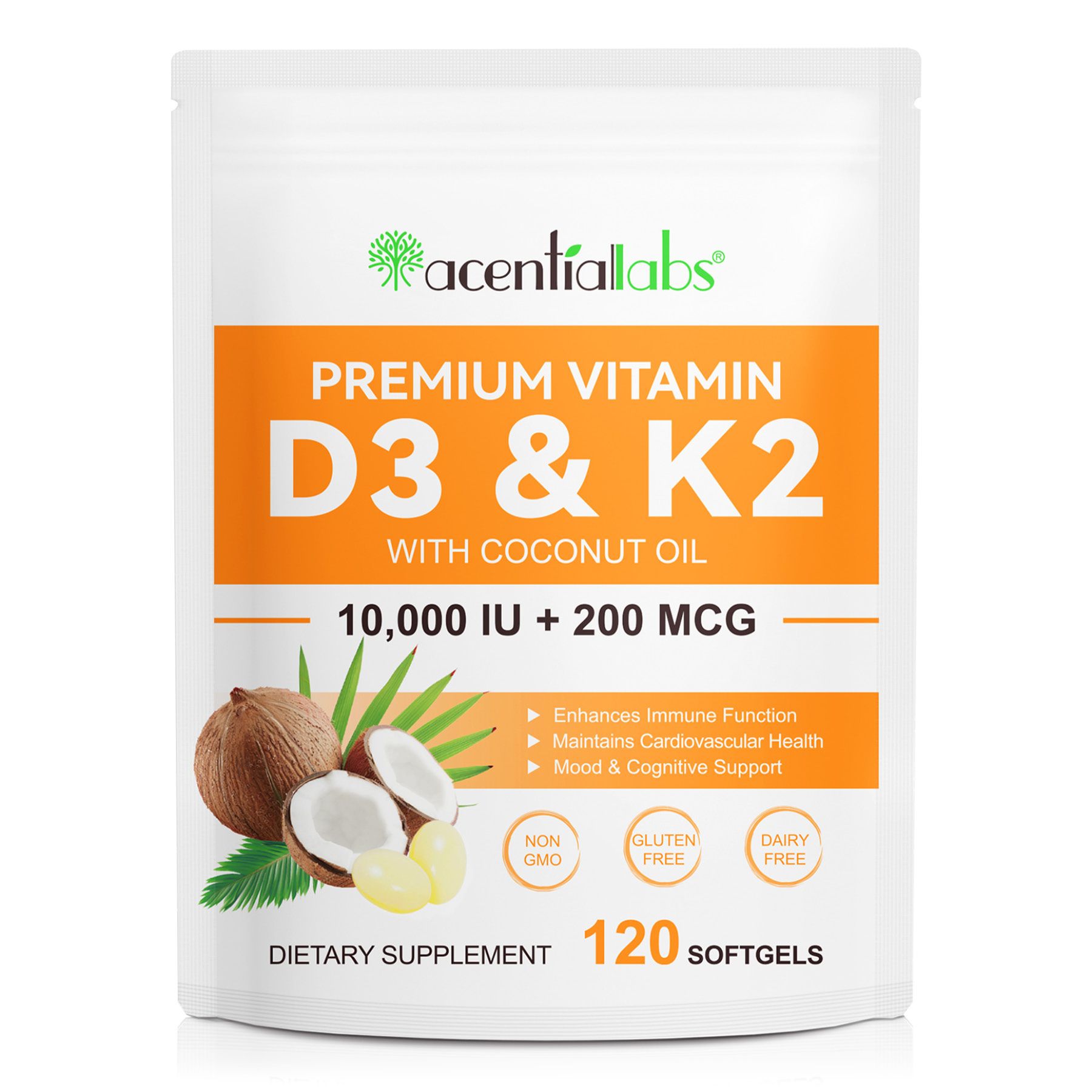 Acentiallabs Vitamin D3 + K2 mit 10,000 IE 200 mcg (Mk7) Premium Softgels 1x120 St Weichkapseln