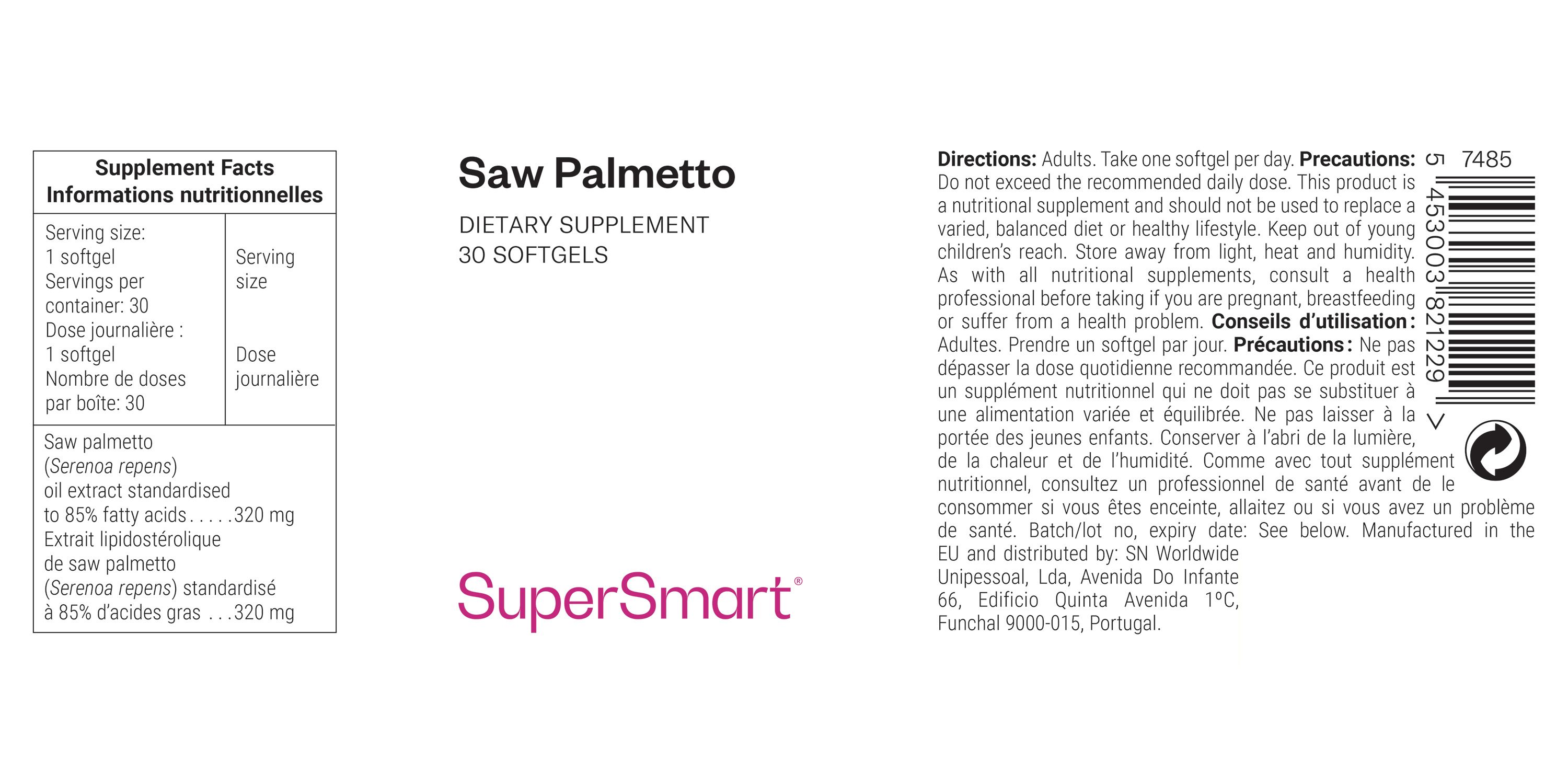 Etikett mit Informationen zu Saw Palmetto. Enthält Nährwertangaben, Dosierungshinweise und Warnhinweise. Marke: SuperSmart. Barcode vorhanden.