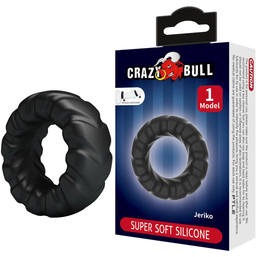 Schwarzer, gerippter Silikonring mit der Aufschrift "SUPER SOFT SILICONE" und "Jeriko".