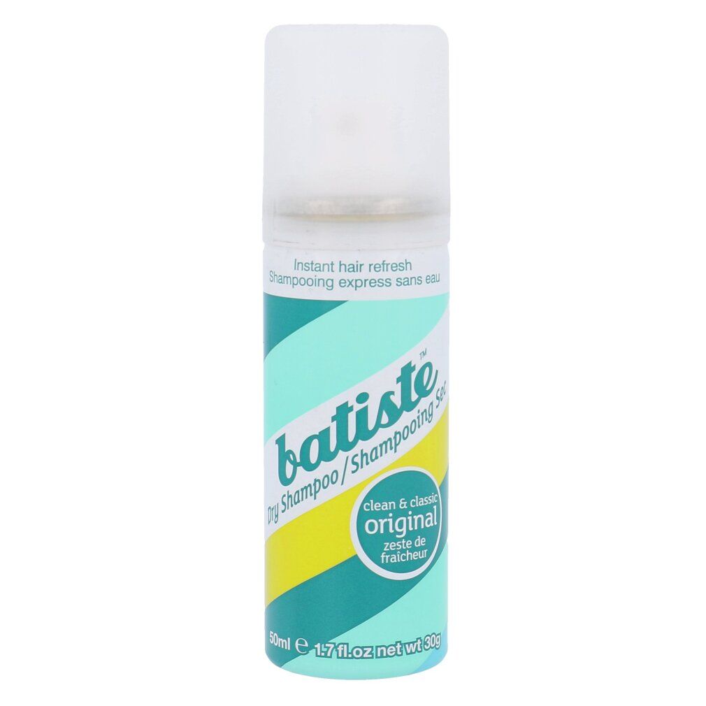 Trockenshampoo-Spraydose. Türkis-weißes Design mit Schriftzug. Deckel transparent. Produktname: Batiste Original.