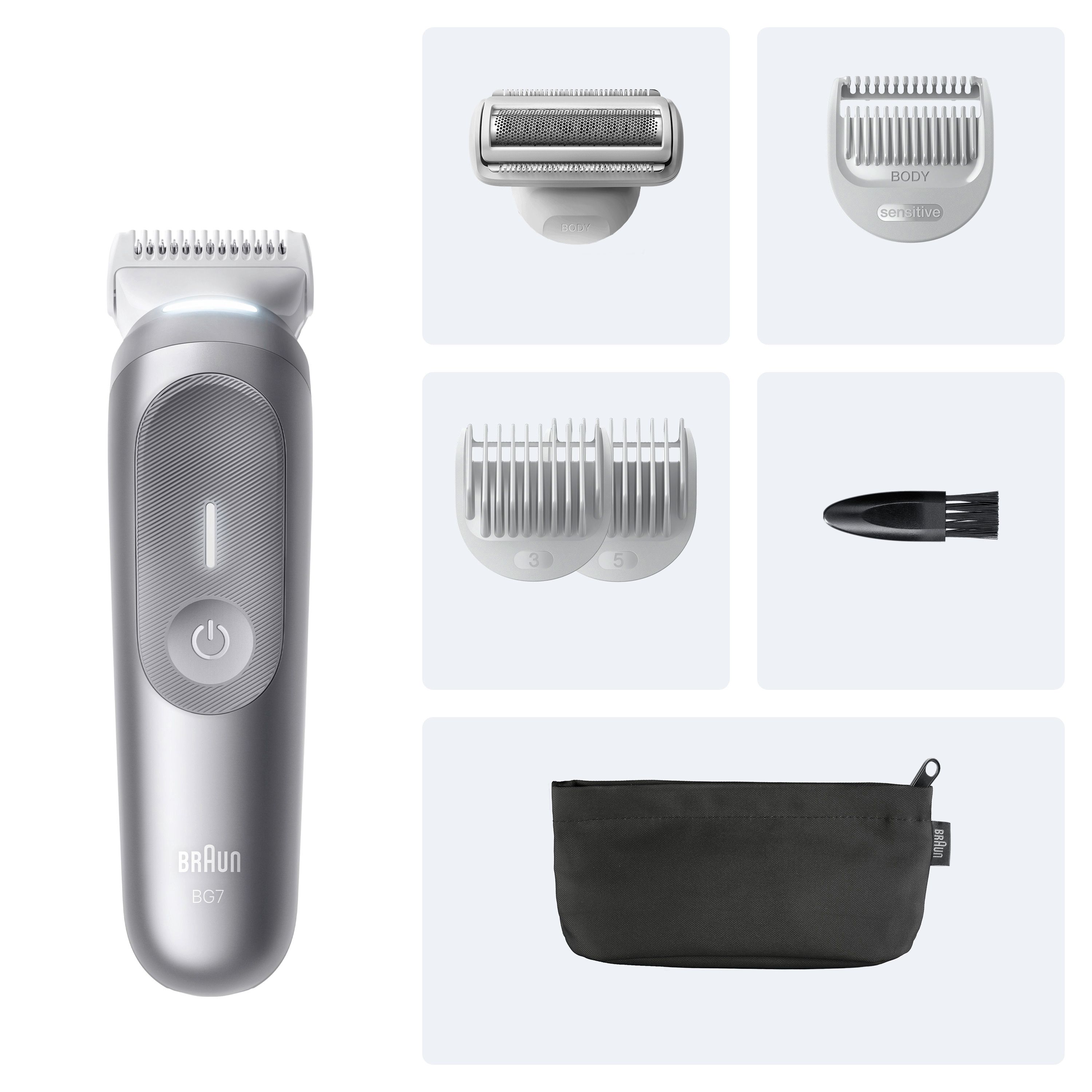 Braun BodyGroomer Series 7 BG7550. Gerät, Aufsätze und Tasche. Graues Gerät mit Zubehör auf weißem Hintergrund.