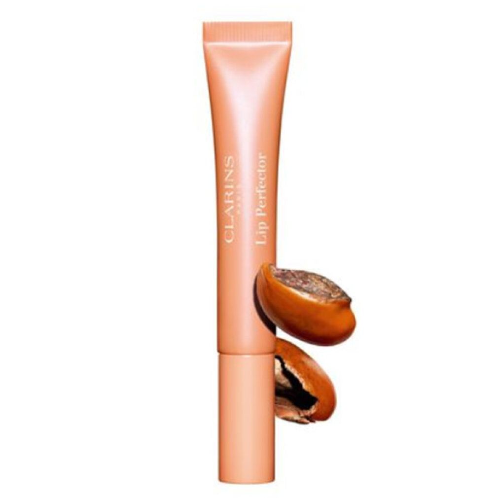Clarins Lip Perfector in Pfirsich-Farbe mit zwei Früchten. Tube mit Schraubverschluss. Produktname und Marke sichtbar.