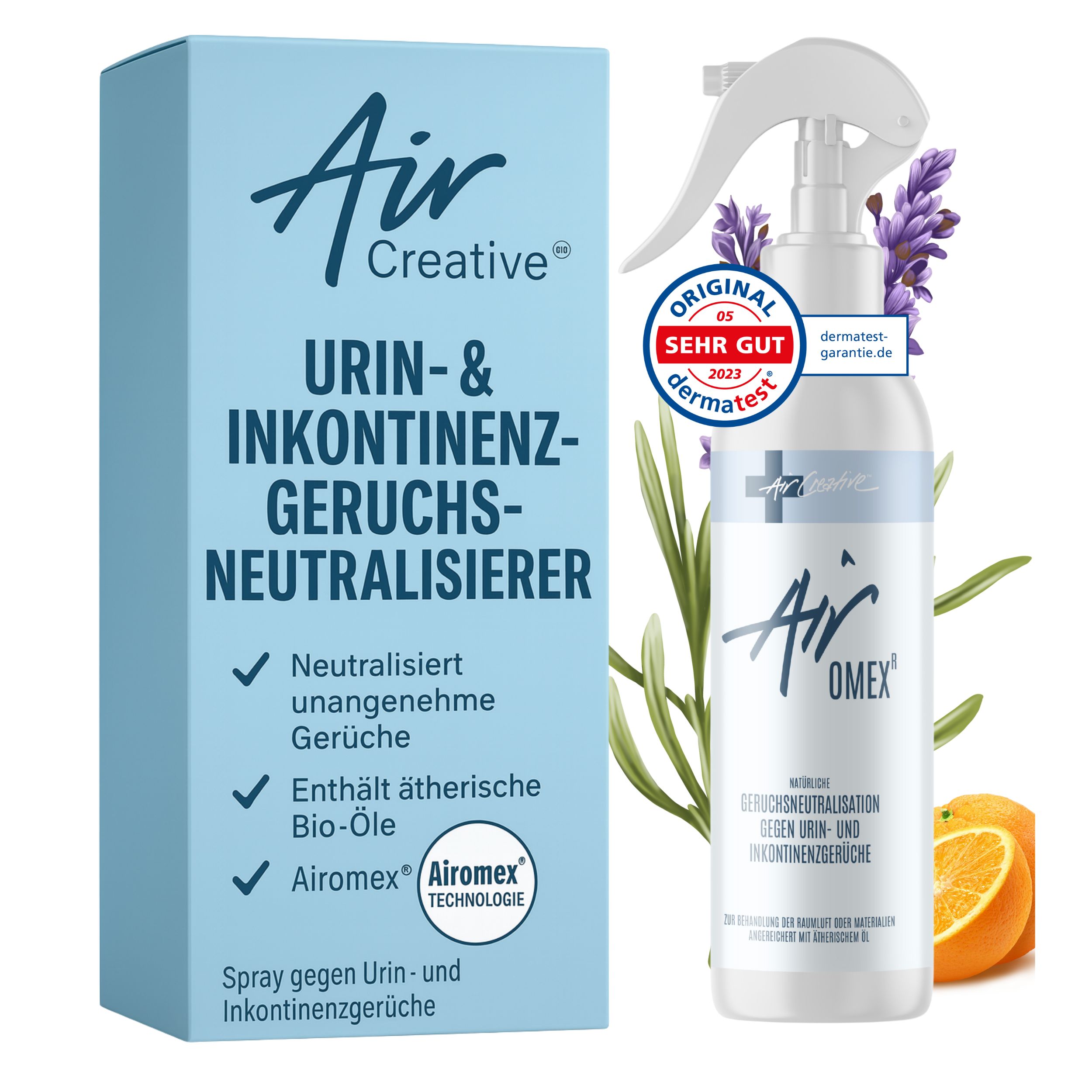 Produktverpackung mit Air Creative Airomex-Logo und Dermatest-Siegel. Flasche mit Sprühkopf, Lavendel und Orange. Text: Urin- & Inkontinenzgeruchsneutralisierer.